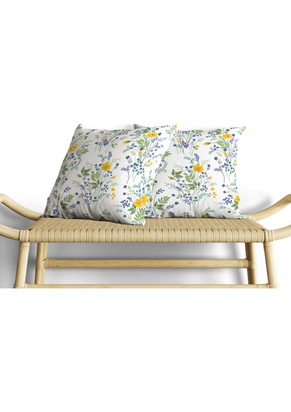 Çiçek Demeti Desenli Dijital Baskı Çift Taraf Desenli 2'li Kare Yastık Kırlent Kılıfı