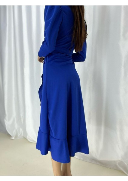 Krep Kumaş Midi Boy Kuşaklı Uzunkol Elbise