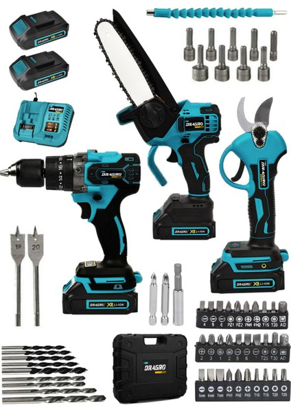 3lü Bahçe Set 2 Akülü Şarjlı Dal Ağaç Kesme Testere Bağ Budama Makası Akülü Vidalama