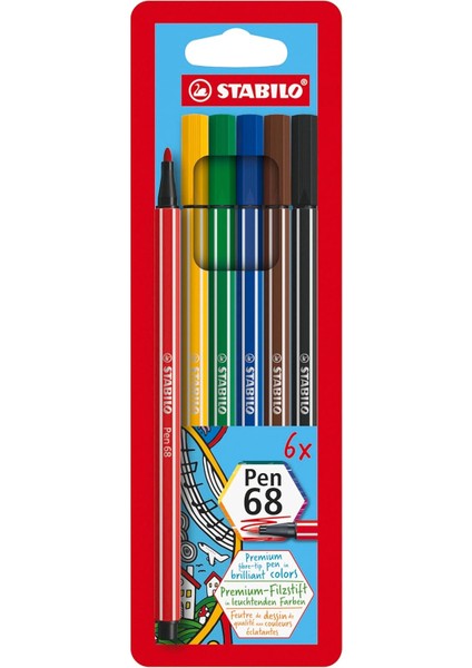 Pen 68 - Keçe Uçlu - 6 &apos;lı Askılı Paket - 6 Farklı Renkte