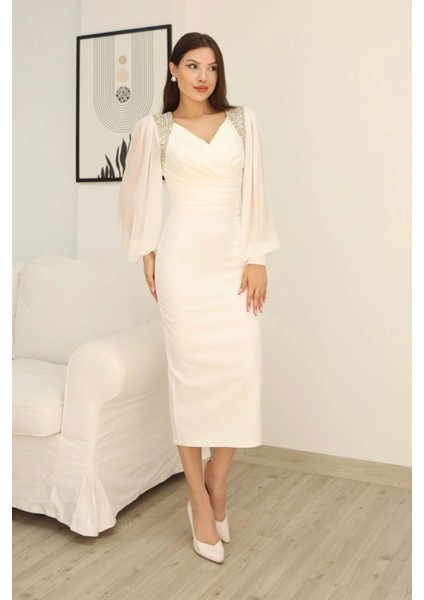Işlemeli Omuz Detaylı Balon Kollu Kruvaze Yaka Midi Elbise 2326-BEYAZ indirimleri