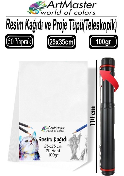 Proje Tüpü Dar 1 Adet 25X35 cm Resim Kağıdı 50 Adet Bazuka Proje Tüpü Silindir ve Resim Kağıdı Seti Çizim Seti