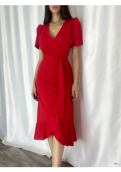 Kadın Kruvaze Yaka Midi Boy Kuşaklı Krep Elbise 120 cm fiyatları