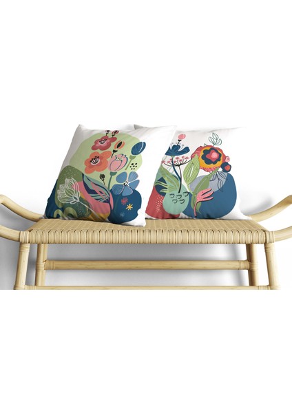 Tropikal Bitki Desenli Dijital Baskı Çift Taraf Desenli 2'li Kare Yastık Kırlent Kılıfı