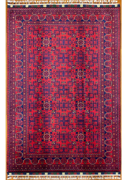 El Dokuma Afgan Halı Yıldız Desenli Bordo Renk 2.5 Metre Kare