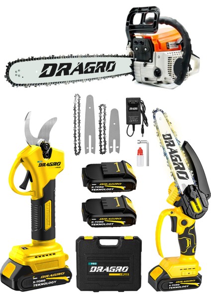 3'lü Set 9.9 Hp Benzinli Odun Ağaç Kesme Motoru 21V Akülü Dal Budama Makası ve Testere