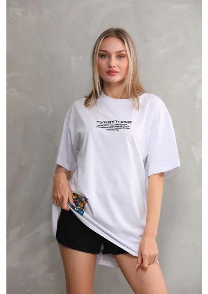 Unisex Bisiklet Yaka Baskılı Oversize T-Shirt - Beyaz fırsatları