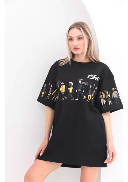 Unisex Bisiklet Yaka Baskılı Oversize T-Shirt - Siyah fırsatları