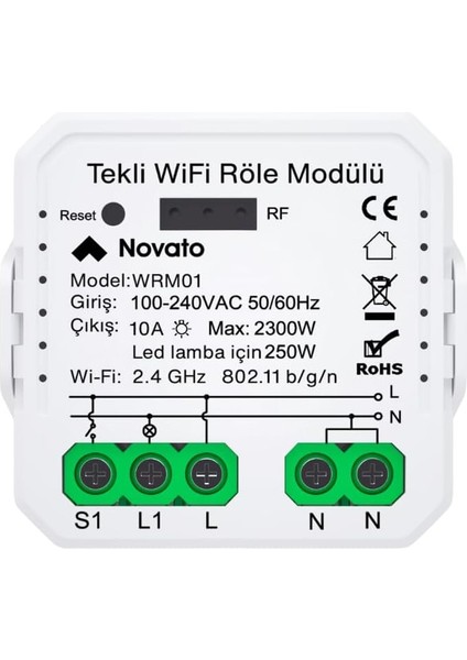 Uyumlu Tekli Wifi Akıllı Anahtar (10A - 220V Röle) - Tek Çıkışlı, Anahtar Girişli, Asistan, Destekli Switch