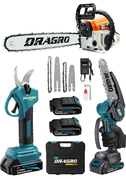 3'lü Set 9.9 Hp Benzinli Odun Ağaç Kesme Motoru 21V Akülü Dal Budama Makası ve Testere