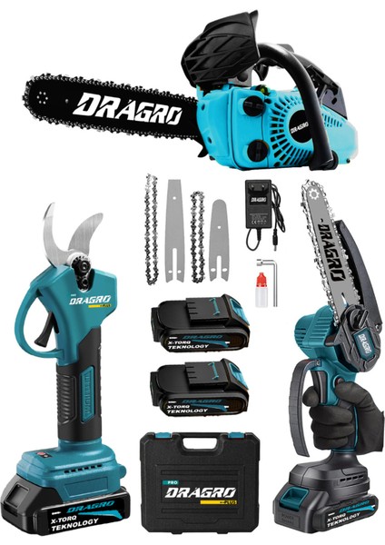 3'lü Set 25CC Benzinli Odun Ağaç Kesme Motoru 21V Akülü Dal Budama Makası ve Testere