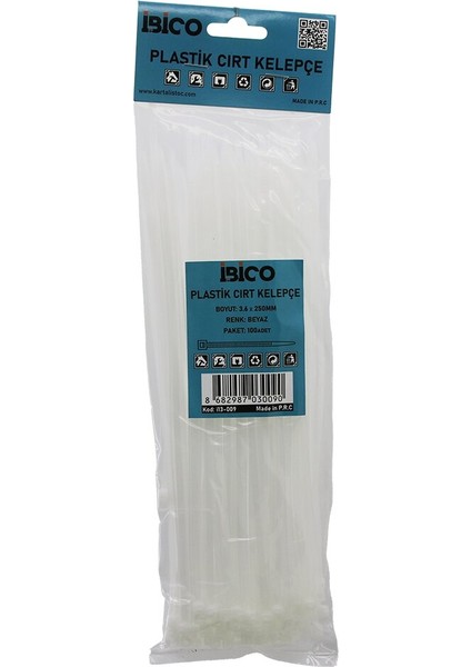 100PCS Beyaz 3.6X250MM Plastik Cırt Kelepçe (5361)