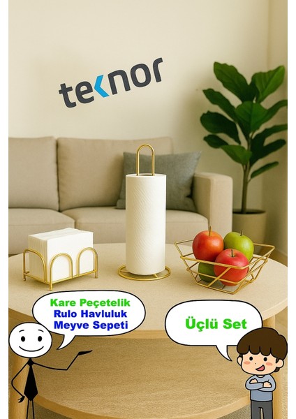 3'lü Servis Sunum Seti, Kağıt Havluluk, Kare Peçetelik, Üçgen Meyve Sepeti fiyatları