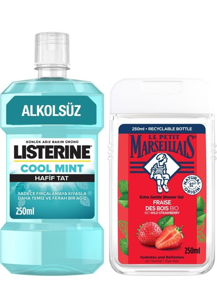 Le Petit Marseillais Duş Jeli Akdeniz Çileği 250 ml + Listerine Cool Mint Ağız Bakım Suyu Hafif Tat 250 ml fiyatları