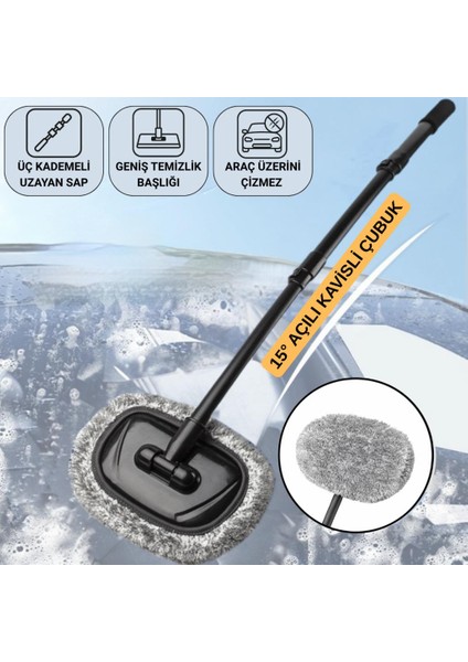 3 Kademe Geniş Ağız Teleskopik Mikrofiber Araç Yıkama Fırçası Kuru Islak Oto Yıkama Fırçası