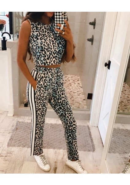 Kadın Dalgıç Kumaş Dijital Leopar Baskılı Şerit Detaylı Takım