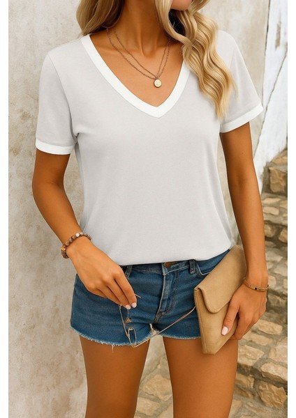 Kadın Kısa Kollu V Yakalı Viskon Bluz modelleri
