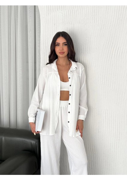 Yakalı Düğmeli Uzun Kollu Gömlek Pantolon Ikili Takım - Beyaz modelleri