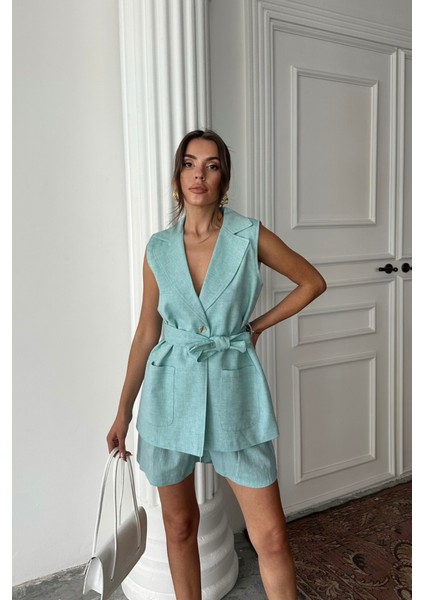 Keten Yelek - Şort Takım - Mint fırsatları