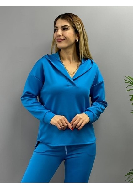 Kadın Uzun Kol V Yaka Kapüşon Detay Sweat ve Yüksel Bel Eşofman Ikili Takım