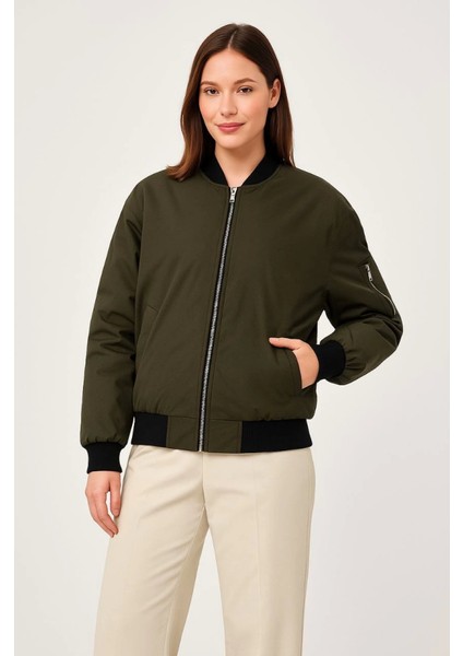 Içi Astarlı Fermuarlı Bomber Mont Ceket - Haki