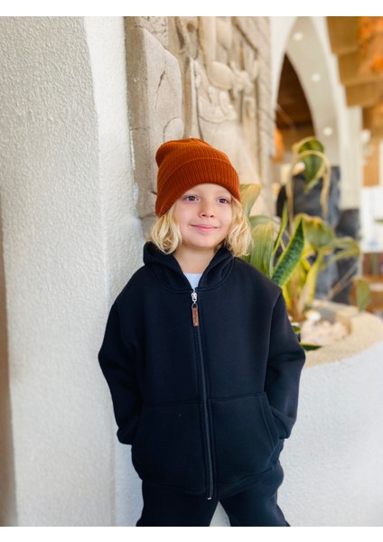 Erkek / Kız Çocuk Fermuarlı Sweatshirt Kangru Cepli Kapşonlu 3 Iplik Şardonlu