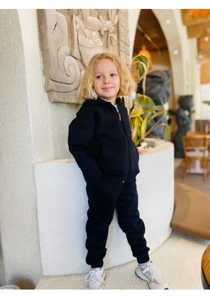 Erkek / Kız Çocuk Fermuarlı Sweatshirt Kangru Cepli Kapşonlu 3 Iplik Şardonlu