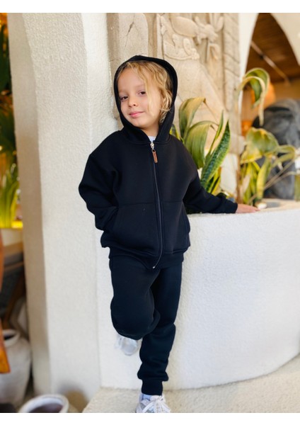 Erkek / Kız Çocuk Fermuarlı Sweatshirt Kangru Cepli Kapşonlu 3 Iplik Şardonlu