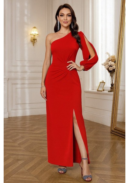 Tek Omuz Açık Derin Yırtmaçlı Krep Tam Boy Elbise fiyatları