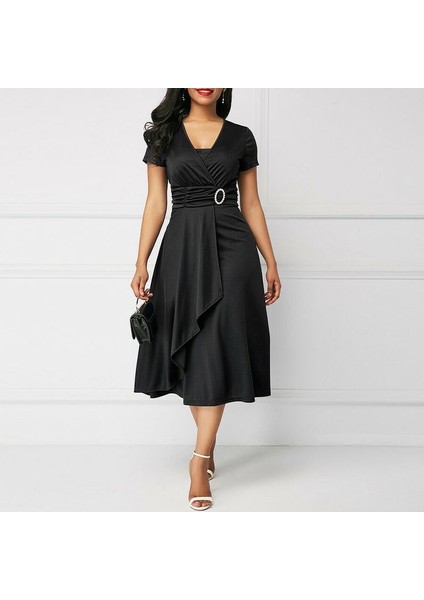Kadın Kısa Kollu Kruvaze Yaka Kuşak ve Toka Detay Krep Elbise fiyatları