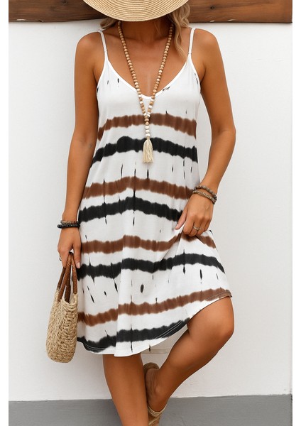 Kadın Ip Askılı V Yakalı Karışık Renkli Süprem Elbise