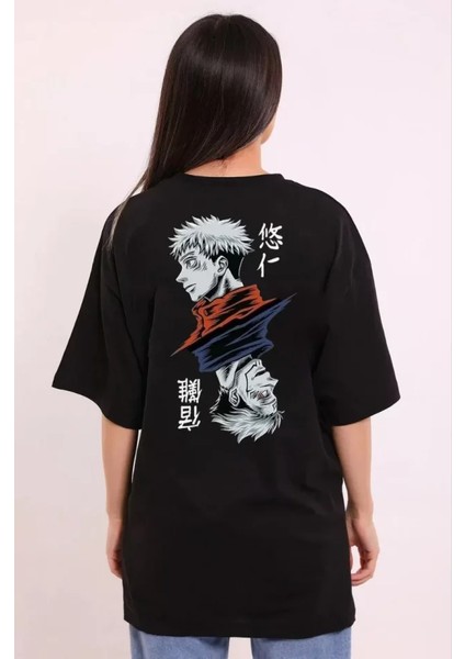 Unisex Bisiklet Yaka Baskılı Oversize T-Shirt - Siyah fiyatları