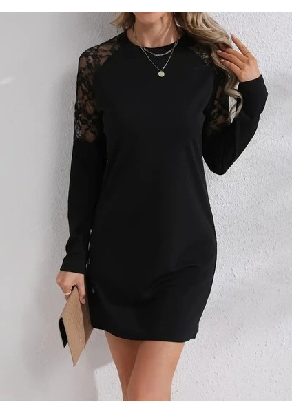 Buğrahayalin Kadın Uzun Kollu Bisiklet Yaka Dantel Detaylı VISK8N Iki Iplik Düğmeli Mini Elbise modelleri