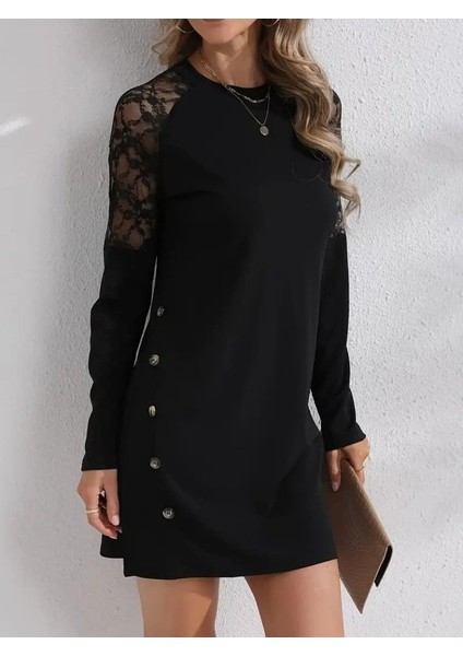 Buğrahayalin Kadın Uzun Kollu Bisiklet Yaka Dantel Detaylı VISK8N Iki Iplik Düğmeli Mini Elbise fırsatları