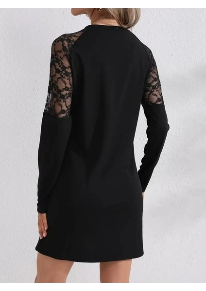 Buğrahayalin Kadın Uzun Kollu Bisiklet Yaka Dantel Detaylı VISK8N Iki Iplik Düğmeli Mini Elbise