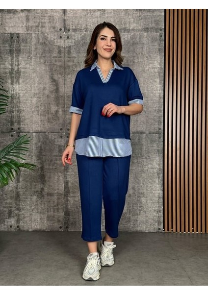 Kadın Modal Kumaş Çizgili Gömlek Yaka Ikili Takım