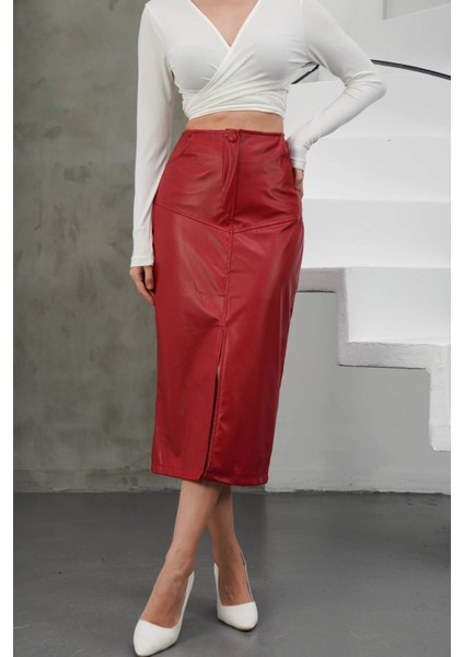 Yırtmaçlı Uzun Deri Etek Bordo