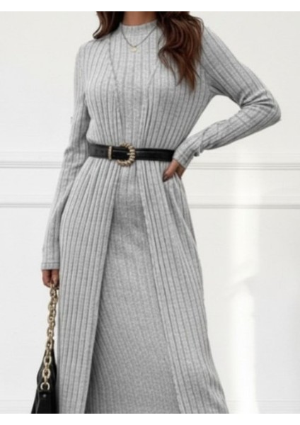 Kadın Uzun Kollu Yarı Balıkçı Yaka Şardonlu Kaşkorse Elbise ve Uzun Hırka Ikili Takım fiyatları