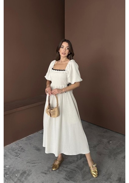 Bej Arkası Bağlamalı Keten Elbise modelleri