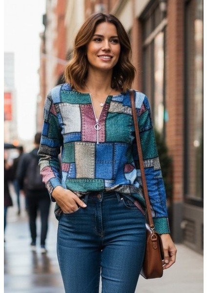 Kadın Uzun Kollu Yakadan Fermuarlı Kot Görünüm Desenli Uzun Modal Bluz modelleri