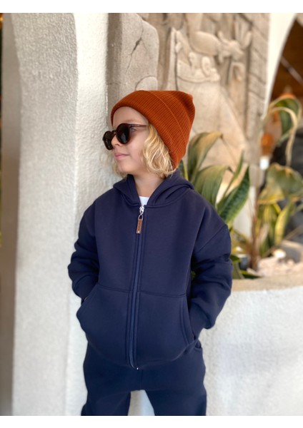 Erkek / Kız Çocuk Fermuarlı Sweatshirt Kangru Cepli Kapşonlu 3 Iplik Şardonlu