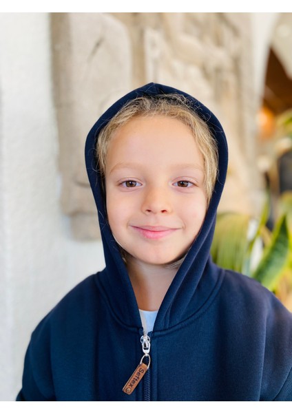 Erkek / Kız Çocuk Fermuarlı Sweatshirt Kangru Cepli Kapşonlu 3 Iplik Şardonlu