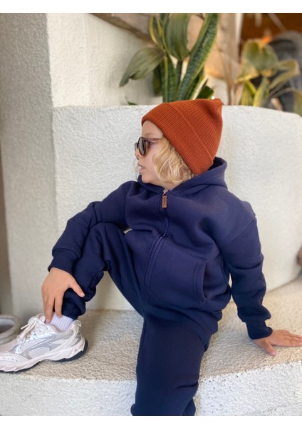 Erkek / Kız Çocuk Fermuarlı Sweatshirt Kangru Cepli Kapşonlu 3 Iplik Şardonlu