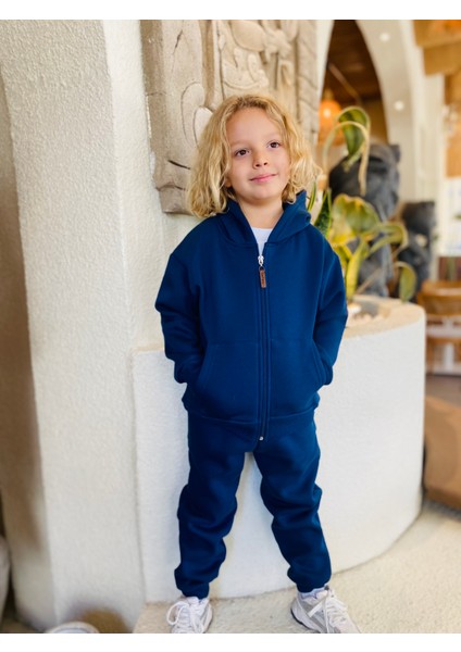 Erkek / Kız Çocuk Fermuarlı Sweatshirt Kangru Cepli Kapşonlu 3 Iplik Şardonlu