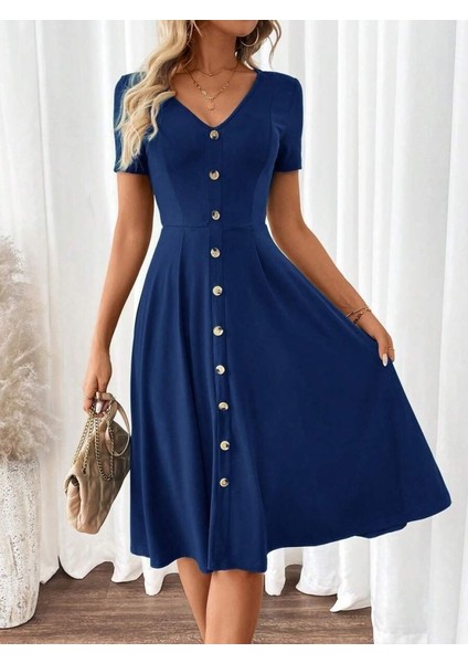 Kadın Kısa Kollu V Yakalı Önden Düğmeli A Kesim Dokuma Elbise fiyatları