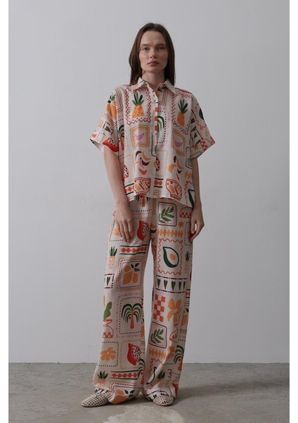 Baskılı Kısa Kol Pantolon Takım - Taş-Oranj
