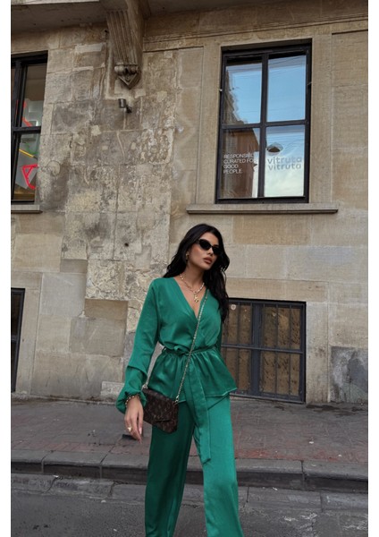 Saten Kruvaze Bağlamalı Bluz- Pantolon Takım - Yeşil fiyatları