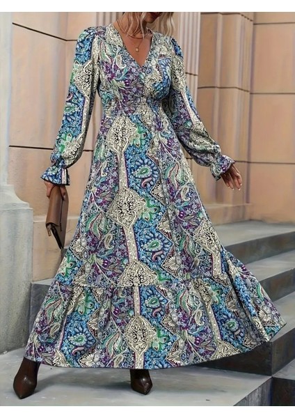 Kadın Uzun Kollu Kruvaze Yakalı Desenli Süprem Maxi Elbise fırsatları