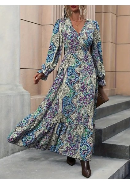 Kadın Uzun Kollu Kruvaze Yakalı Desenli Süprem Maxi Elbise