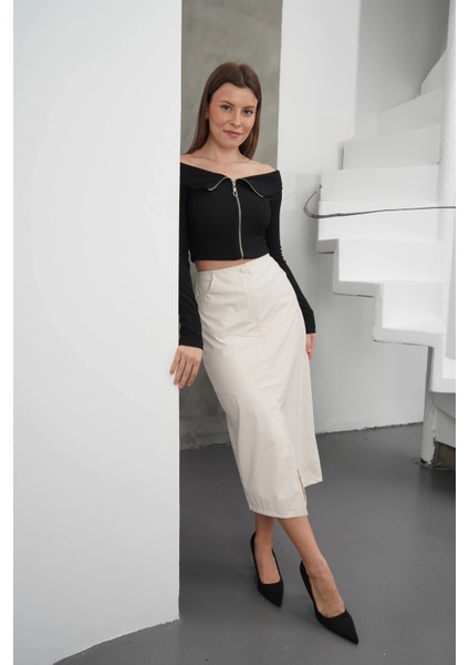 Yırtmaçlı Uzun Deri Etek Krem fırsatları